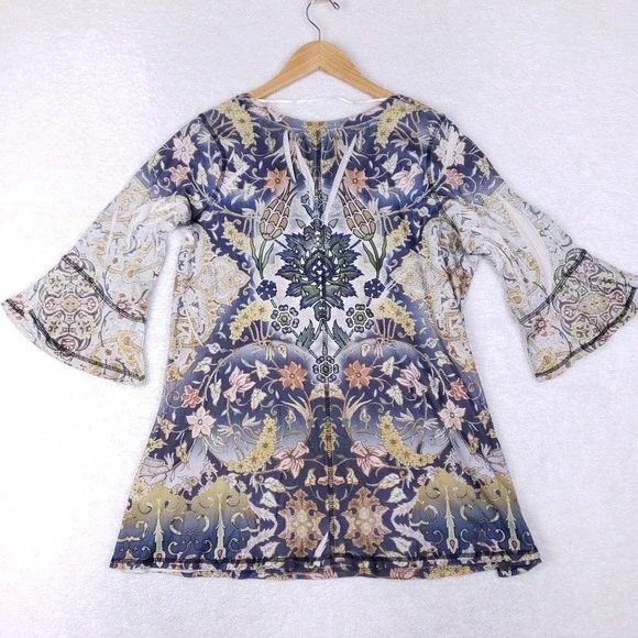 Energie 2X Boho Tunic Top Multicolor Bell Sleeve Floral Print Blouse - Picture 6 of 9
